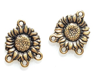 Tierra Cast Antique Gold Sunflower Spacers For Multi-strand Necklace or Bracelet 2 PCS