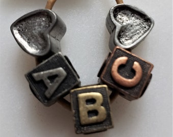 Vintage Pewter ABC And Heart Beads 5 PCS