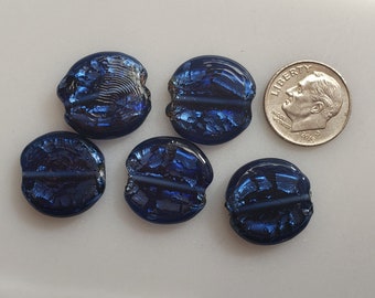 Vintage Handcrafted Lampwork Beads Flattened Round Blue with Sliver-leaf 3PCS