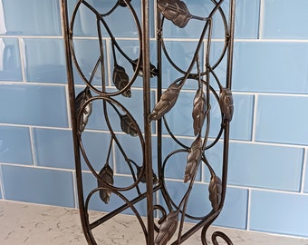 Ornate 3 Bottle Countertop Wrought Iron Wine Rack Wine Holder with Movable Handle and  Leaves Accent Deep Bronze Color