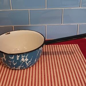 Blue and White Swirl Graniteware Enamel Sauce Pot 7 Inch Diameter 13 Inches Long