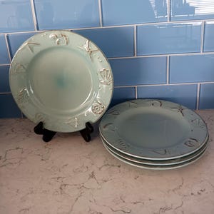 Thomson Pottery Hampton Seashell Salad Plates 8.5 Shell Coastal Blue Set of 4 Stoneware