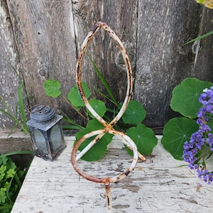 May include: A vintage, white metal garden plant support with a rusty, oval-shaped top and a circular base. The support stands on a weathered, white wooden surface, with a rustic wooden fence in the background. Green leaves and purple flowers surround the support.