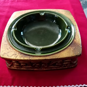 Ashtray California Pottery No. 240 Green and Gold Scrollwork 1960s Mid Century Modern