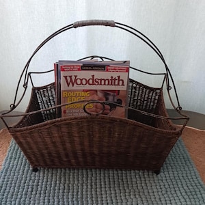 Wicker Magazine Rack With Metal Trim Removable Handle Towel Basket Record Holder