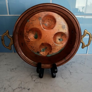 Copper Escargot Pan Egg Poacher 4 Well with Brass Handles Vintage Antique