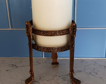Ornate Brass Pillar Candle Holder Claw Feet Embossed Flowers 5 Inches Tall