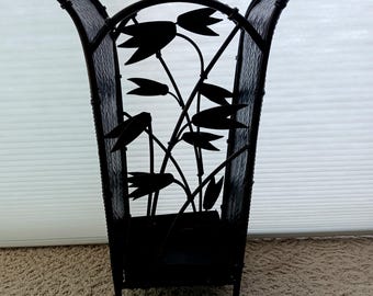 Oil Rubbed Bronze Metal Umbrella Stand Bamboo and Leaf Design 19 Inches Tall