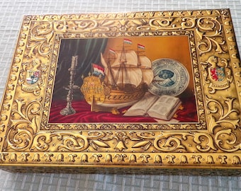 Ornate Tin Box Storage Box Royal Verkade Holland Gold With Scrolls Sewing Box Pencil Box