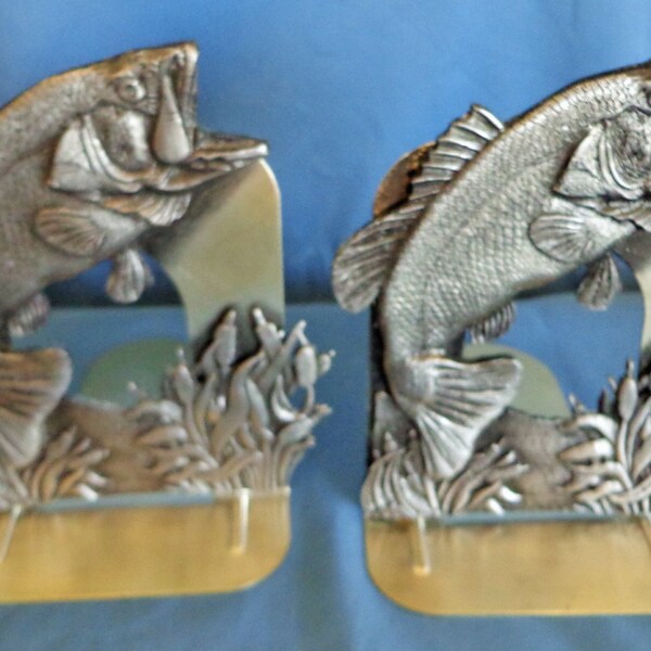 Metzke Pewter Bookends Largemouth Bass and Cattails 1982 Fish Bookends Fisherman's Gift