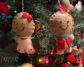 Married couple w/outfits and name gingerbread wool felt ornament wedding Christmas