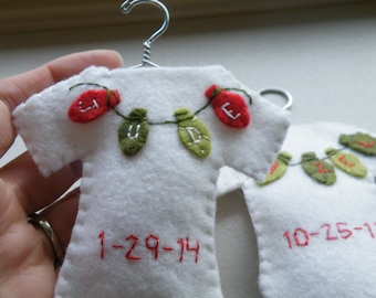Custom/Personalized Baby Christmas Ornament--Wool Felt Onesie on Wire Hanger, Baby's First Christmas