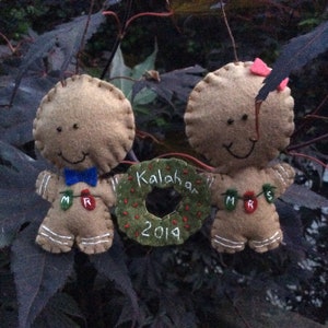 Married couple w/ names gingerbread wool felt ornament wedding Christmas