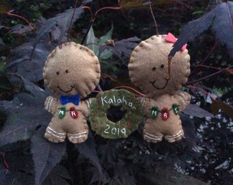 Married couple w/ names gingerbread wool felt ornament wedding Christmas