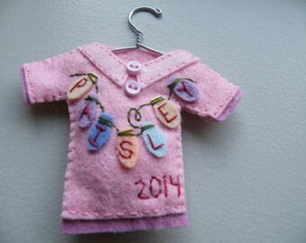 Personalized Girl Christmas Ornament or Baby Shower Gift--Wool Felt T-Shirt, Baby's First Christmas