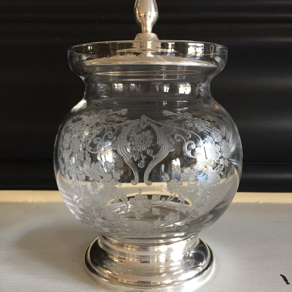 Cambridge Glass Co. "Diane" Etch Jam Marmalade or Mustard Jar Sterling Silver Lid & Base