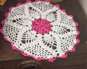 6 Crochet Doilies Pink Rim