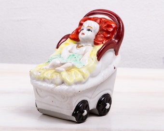 Rare Porcelain Figurine Baby in Child Cart Decorative Figure 1950s Rare Collectible Gift For Him Hant Painted Collectible gift ohtteam