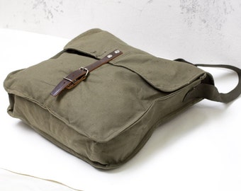 Vintage Messenger Bag verde militar ejército lona bolsa soviética sin usar URSS Guerra Fría suministro coleccionable cuero ejército bolsa crossbody bolsa ohtteam