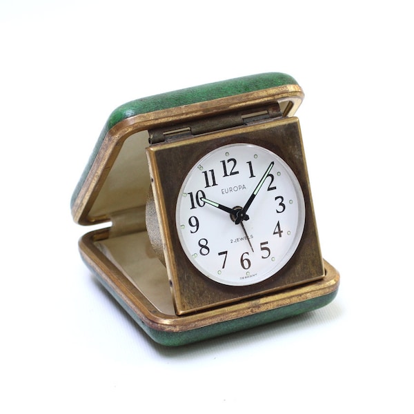 Vintage Green Europa Germany Mechanical Folded Brown Leather Travel Alarm Clock , Germany Watch, ohtteam, Germany Vintage