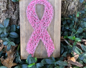 Pink Ribbon String Art Sign - breast cancer - wooden sign - pink ribbon sign - breast cancer awareness