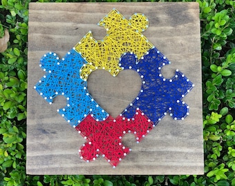 Autism Puzzle String Art Sign sign - autism sign - heart sign - puzzle sign - autism awareness  - fight autism sign