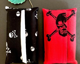 Tissue Holders, Two with Tissues, Handmade Red and Black Cotton Fabric Goth Gifts for Christmas Stocking Fillers