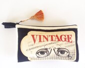 Linen Applique Vintage Style Zip Pouch, Pen Pencil Bag, Handmade Unisex Gadget Bag, Travel Pouch for Makeup or Gadgets, Christmas Gift Idea
