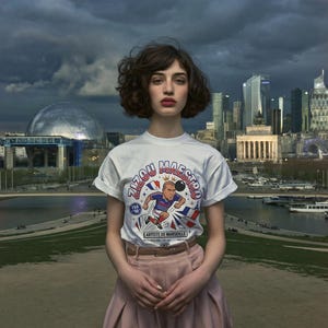 May include: A person wearing a white t-shirt with a colorful graphic of a soccer player and the text "Zizou Maestro". The person is wearing a pink skirt and standing in front of a cityscape.
