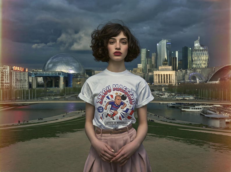 May include: A person wearing a white t-shirt with a colorful graphic of a soccer player and the text "Zizou Maestro". The person is wearing a pink skirt and standing in front of a cityscape.