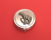 T Rex Dinosaur Pewter Motif on Round Chrome Mint Pill Box Mother Father Christmas Gift