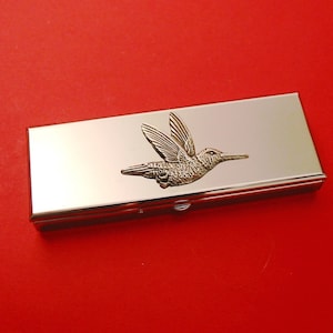 Hummingbird Design Seven Day Chrome Pill Box - Medication Organiser - Travel Pill Case - Small Trinket Box - Hummingbird Gift