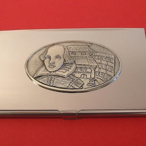 Shakespeare y globo Chrome tarjeta titular con mano fundido pewter motivo inglés profesor de teatro de teatro regalo de Navidad regalo de Navidad
