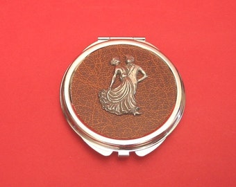 Ballroom Dancers Pewter Motif On Brown Round Compact Mirror Strictly Gift for Dancing Stars Dance Teacher Gift