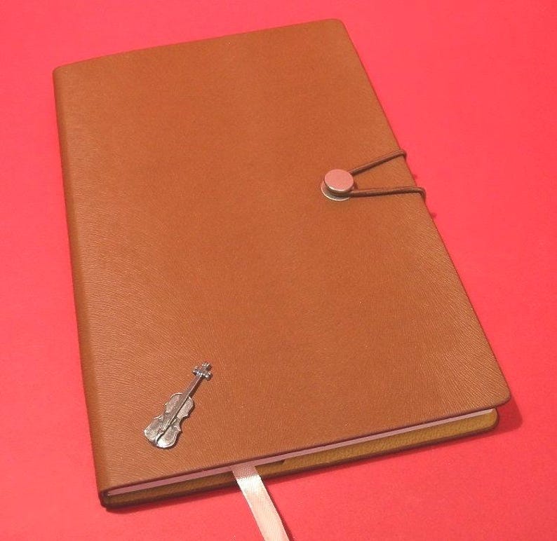 Violin Hand Cast Pewter Motif on Tan A5 Journal, Violin Teacher Violinist Gift, Orchestra Gift Music Teacher Notebook, Musical Gift image 1