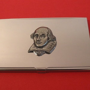 Shakespeare Chrome kaarthouder met de Hand gegoten Pewter Motif Engels docent Drama docent theater Gift Christmas Gift
