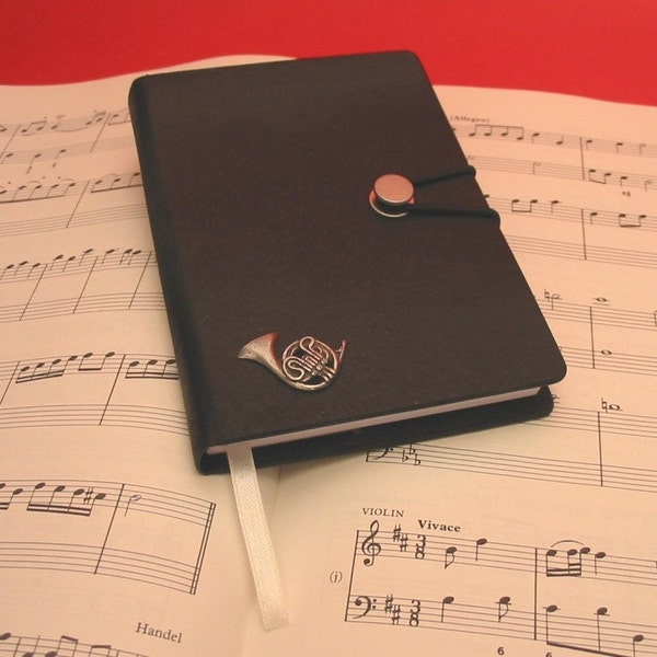 French Horn Hand Cast Pewter Motif on A6 Black Journal - Music Teacher Gift - French Horn Gift - Mum Dad Christmas Gift - Music Lover Gift