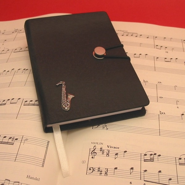 Saxophone Design A6 Black Journal - Saxophone Notebook - Dad Christmas Gift - Music Teacher Gift - Saxophonist Gift - Musician Gift