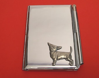 Chihuahua Metal Notebook & Pen Card Holder With Hand Cast Pewter Motif Mother Father Chihuahua Gift