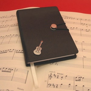 Acoustic Guitar Hand Cast Pewter Motif on A6 Black Journal - Music Teacher Gift - Guitarist Gift - Guitarist Dad Gift - Christmas Gift