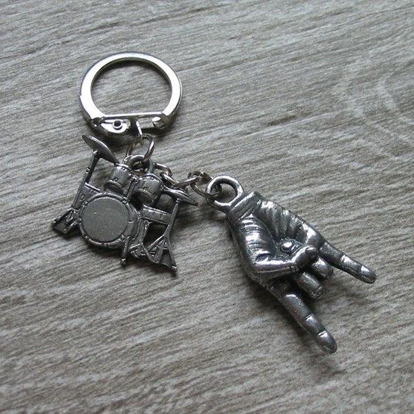 Rock On & Drums Pewter Keyring Combo Heavy Metal Gift Rock Music Keychain Musician Teacher Drummer Rock Band Music Gift