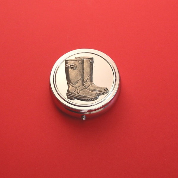 Wellington Boots ( Gum Boots ) Pewter Motif on Round Chrome Mint / Pill Box Gardener Farmer Gift