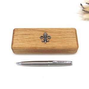 Fleur de Lis design Oak Wooden Pen Box & Pen Set - Fleur de Lis Gift - Fathers Day Gift - French Wedding Gift - French Dad Christmas Gift