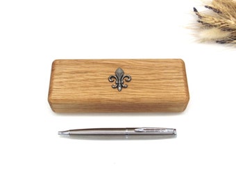 Fleur de Lis design Oak Wooden Pen Box & Pen Set - Fleur de Lis Gift - Fathers Day Gift - French Wedding Gift - French Dad Christmas Gift