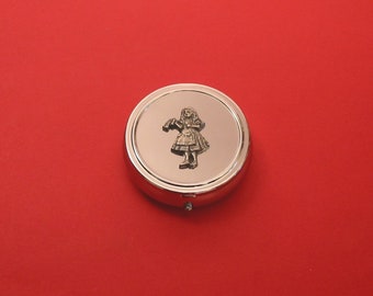 Alice in Wonderland Pewter Motif on Round Chrome Mint / Pill Box Mother Father Anniversary Christmas Gift