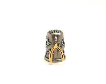 Good Luck Charm Thimble - Gold Plated Wishbone On Hand Polished Pewter Collectors Thimble - Good Luck Gift - Wedding Gift