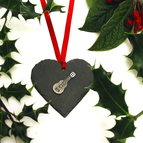 Ukulele Design Slate Heart - Christmas Tree Decoration 2023 - Music Ornament - Ukulele Gift - Ukulele Teacher Gift - Mum Dad Christmas Gift