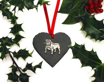 English British Bulldog Natural Slate Heart - Christmas Ornament 2023 - Pet Dog Christmas Decoration - Holiday Decor - Rustic Christmas Gift