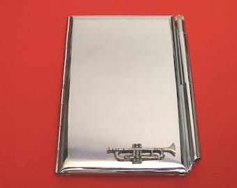 Trumpet Design Chrome Notebook & Pen Card Holder With Hand Cast Pewter Teacher Musician Music Gift