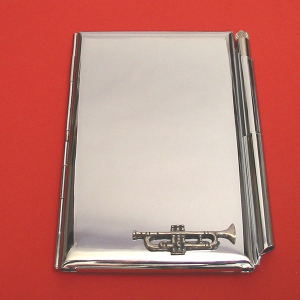 Trumpet Design Chrome Notebook & Pen Card Holder With Hand Cast Pewter Teacher Musician Music Gift